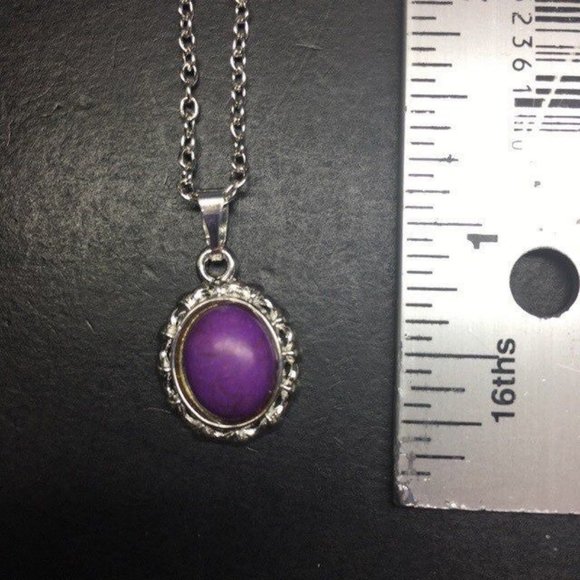 Domed Oval Pendant Necklace Delicate Silver Chain Purple Retro Soft Girl Classic - Picture 4 of 5